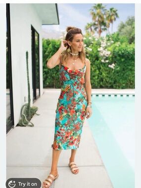 Willow & Clay Turquoise Floral Slip Midi Dress with Coral Accents